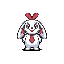 cute bunny creature, similar to rookie digimons, white, long ears, red tie on top of head, cute face