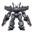 giant mecha with 2 guns in arms and thrusters