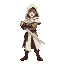 a young male warrior stands in a battle-ready stance, gripping a medieval longsword with both hands. he wears a white hooded cloak with soft fabric folds, flowing down to his knees, the hood partially