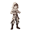 a young male warrior stands in a battle-ready stance, gripping a medieval longsword with both hands. he wears a white hooded cloak with soft fabric folds, flowing down to his knees, the hood partially