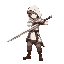 a young male warrior stands in a battle-ready stance, gripping a medieval longsword with both hands. he wears a white hooded cloak with soft fabric folds, flowing down to his knees, the hood partially