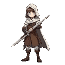 a young male warrior stands in a battle-ready stance, gripping a medieval longsword with both hands. he wears a white hooded cloak with soft fabric folds, flowing down to his knees, the hood partially