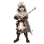 a young male warrior stands in a battle-ready stance, gripping a medieval longsword with both hands. he wears a white hooded cloak with soft fabric folds, flowing down to his knees, the hood partially