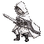 a young male warrior stands in a battle-ready stance, gripping a medieval longsword with both hands. he wears a white hooded cloak with soft fabric folds, flowing down to his knees, the hood partially