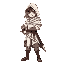 a young male warrior stands in a battle-ready stance, gripping a medieval longsword with both hands. he wears a white hooded cloak with soft fabric folds, flowing down to his knees, the hood partially