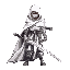 a young male warrior stands in a battle-ready stance, gripping a medieval longsword with both hands. he wears a white hooded cloak with soft fabric folds, flowing down to his knees, the hood partially