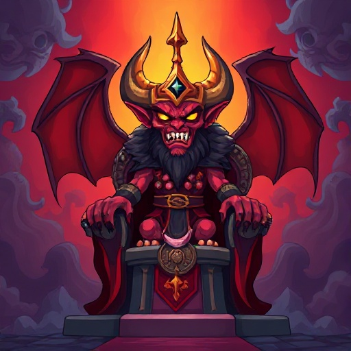 a demon king standing on a throne. using this palette : 000000, 2b335f, 7e2072, 19959c, 8b4852, 395c98, a9c1ff, eeeeee, d4186c, d38441, e9c35b, 70c6a9, 7696de, a3a3a3, ff9798, edc7b0