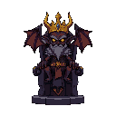 a demon king standing on a throne, using this palette : 000000, 2b335f, 7e2072, 19959c, 8b4852, 395c98, a9c1ff, eeeeee, d4186c, d38441, e9c35b, 70c6a9, 7696de, a3a3a3, ff9798, edc7b0