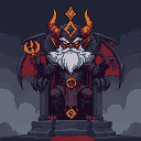 a demon king standing on a throne. using this palette : 000000, 2b335f, 7e2072, 19959c, 8b4852, 395c98, a9c1ff, eeeeee, d4186c, d38441, e9c35b, 70c6a9, 7696de, a3a3a3, ff9798, edc7b0