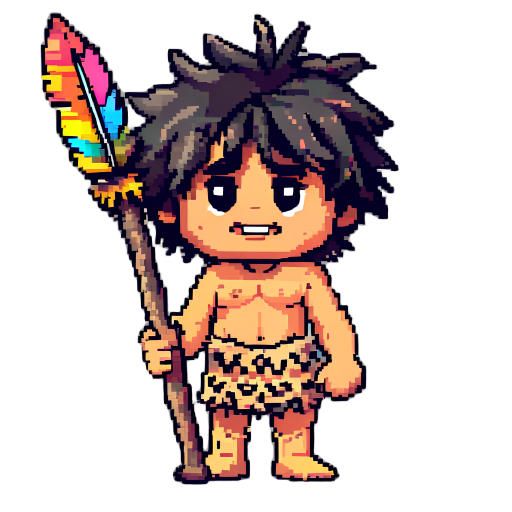 a cute caveman style: chibi proportions (big head, small body), happy and curious expression, messy dark hair, lightly tanned skin, wearing a spotted animal-skin tunic, holding a small wooden spear with colorful feathers, retro 16-bit style, bright and wa