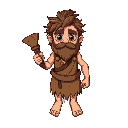 caveman,  cartoon style, wearing a tattered animal skin tunic, holding a wooden club, messy hair and beard, big expressive eyes, barefoot, standing pose, simple background (transparent or single color), vibrant but limited pixel palette, clear outlines, c
