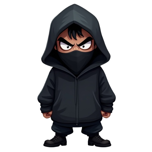 a mysterious and edgy character. he wears an oversized black hoodie with the hood up, casting a shadow over most of his face. only his intense, expressive eyes are visible. his lower face is covered by the hoodie itself, giving him a ninja-like appearance