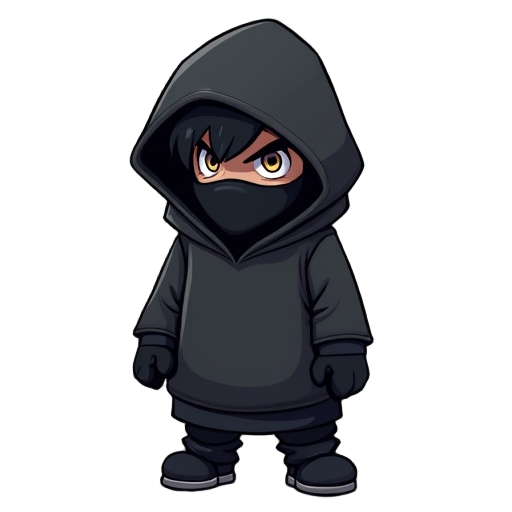 style of super mario world for a mysterious and edgy character. he wears an oversized black hoodie with the hood up, casting a shadow over most of his face. only his intense, expressive eyes are visible. his lower face is covered by the hoodie itself, giv