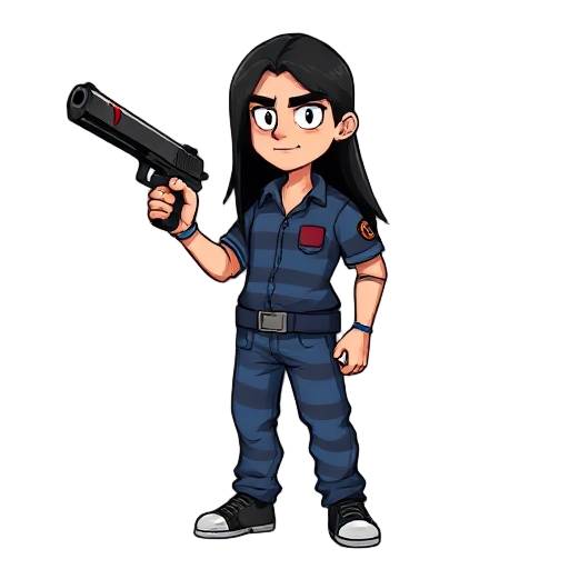 prisoner with blood-filled pistol in blue prison clothes, long black hair, tall