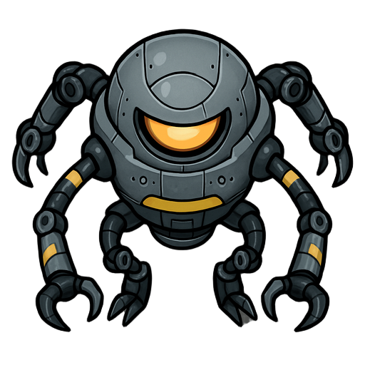 crie um sprite 2d top-down de robô inspirado nos omnidroids de os incríveis (2004). corpo metálico, compacto, múltiplos braços mecânicos articulados, detalhes tecnológicos, luzes, tons cinza e amarelo, estilo limpo e ameaçador, visual futurista."