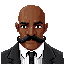 a bald black character with a big  mustache, e is a boxe figther wearing formal clothes, he is around 40 years old