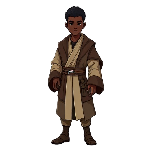 full-body portrait of a black male jedi with short curly hair and dark eyes. he wears traditional jedi robes similar to obi-wan kenobi’s, with layered brown and beige fabrics, a simple tunic, and a utility belt. the expression is calm and focused, standin