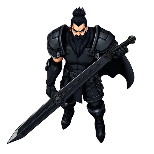 a man like guts of berserk, with a black armor and a big sword