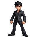 a young male fighter in a battle-ready stance. the character should have a determined facial expression, short and messy black hair, and wear a sleek black suit with a dark shirt underneath. he should