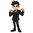 a young male fighter in a battle-ready stance. the character should have a determined facial expression, short and messy black hair, and wear a sleek black suit with a dark shirt underneath. he should