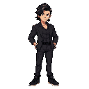 a confident male fighting game character, inspired by a young man with shoulder-length black wavy hair, wearing a black suit with a black shirt underneath, casual black sneakers, and headphones around