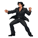 a confident male fighting game character in a dynamic battle stance, inspired by a young man with shoulder-length black wavy hair, wearing a black suit, black shirt, and casual b