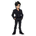a confident male fighting game character, inspired by a young man with shoulder-length black wavy hair, wearing a black suit with a black shirt underneath, casual black sneakers, and headphones around
