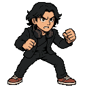 young male fighting game character in a battle stance, agressive pose, shoulder-length black wavy hair, wearing a black suit, black shirt, and casual sneakers, heaphone around his neck and a sharp