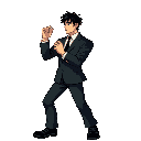 black-haired male fighter in a black suit, fighting stance, fists up, retro arcade style, clean shading, bold outline, black shoes, short messy hair, neutral beige background.