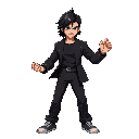 a confident male fighting game character in a dynamic battle stance, inspired by a young man with shoulder-length black wavy hair, wearing a black suit, black shirt, and casual b