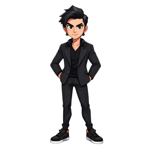 a confident male fighting game character, inspired by a young man with shoulder-length black wavy hair, wearing a black suit with a black shirt underneath, casual black sneakers, and headphones around