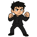 a young male fighter in a battle-ready stance. the character should have a determined facial expression, short and messy black hair, and wear a sleek black suit with a dark shirt underneath. he should