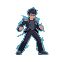 a young male fighter in a battle-ready stance. the character should have a determined facial expression, short and messy black hair, and wear a sleek black suit with a dark shirt underneath.