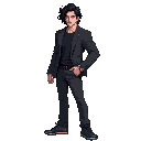 a confident male fighting game character, inspired by a young man with shoulder-length black wavy hair, wearing a black suit with a black shirt underneath, casual black sneakers, and headphones around