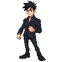 a young male fighter in a battle-ready stance. the character should have a determined facial expression, short and messy black hair, and wear a sleek black suit with a dark shirt underneath.