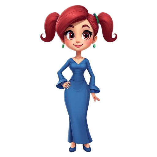uma mulher loira, olhos castanhos, estatura media, vestido azul com mangas bufantes e sai longa e gola alta, salto baixo de cor vermelho