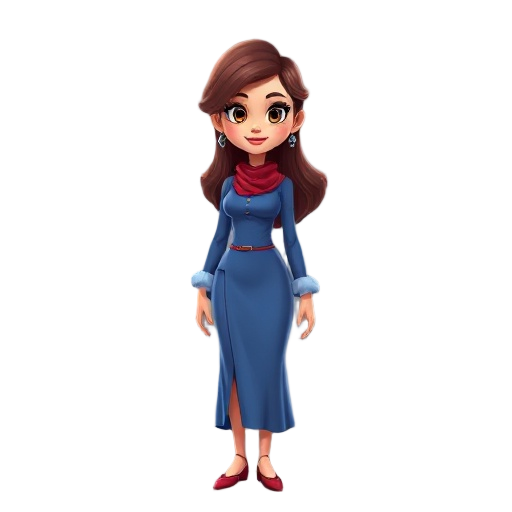 uma mulher loira, olhos castanhos, estatura media, vestido azul com mangas bufantes e sai longa e gola alta, salto baixo de cor vermelho