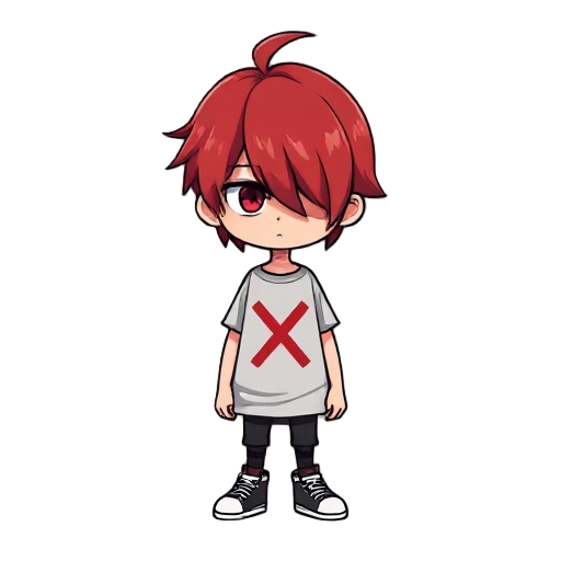 an emo boy, with red bangs, which cover one of his eyes. a t-shirt with a red "x" printed on it.