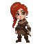 woman, red hair, ponytail, blue eyes, scars, dirt smudges. worn medieval warrior outfit, brown tattered tunic, cloth vest, aged pants, rugged boots. battle-hardened, determined expression. white backg