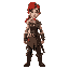 woman, red hair, ponytail, blue eyes, scars, dirt smudges. worn medieval warrior outfit, brown tattered tunic, cloth vest, aged pants, rugged boots. battle-hardened, determined expression. white backg