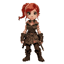 woman, red hair, ponytail, blue eyes, scars, dirt smudges. worn medieval warrior outfit, brown tattered tunic, cloth vest, aged pants, rugged boots. battle-hardened, determined expression. white backg