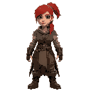 woman, red hair, ponytail, blue eyes, scars, dirt smudges. worn medieval warrior outfit, brown tattered tunic, cloth vest, aged pants, rugged boots. battle-hardened, determined expression. white backg