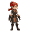 woman, red hair, ponytail, blue eyes, scars, dirt smudges. worn medieval warrior outfit, brown tattered tunic, cloth vest, aged pants, rugged boots. battle-hardened, determined expression. white backg