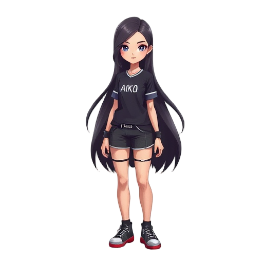 teria como fazer uma personagem low poly que tenha cabelos longos e pretos, descendencia japonesa com 16 anos e porte fisico atletico, o cabelo dela é liso e longo como o da irelia do lol