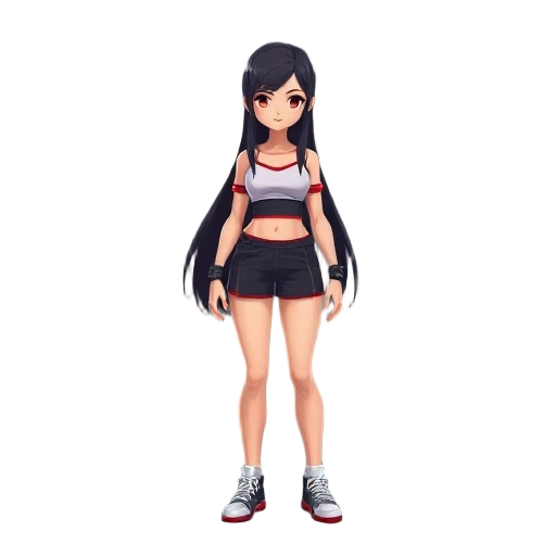 teria como fazer uma personagem low poly que tenha cabelos longos e pretos, descendencia japonesa com 16 anos e porte fisico atletico, o cabelo dela é liso e longo como o da irelia do lol