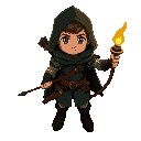 a medieval archer with short brown hair and a dark green hooded cloak, holding a wooden bow in one hand and a torch in the other. he wears leather armor and dark boots. warm torchlight reflects on his face and gear. the scene is dark and moody.