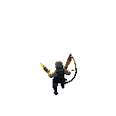 a medieval archer seen from top-down, walking through a dark foggy forest at night. he holds a torch and a bow, torchlight casting warm glow on the ground and trees around. detailed 16-bit style, moody atmosphere, inspired by hyper light drifter.