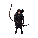 create a image of medieval archer standing in a dark, misty forest, holding a bow with both hands. front view, inspired by dark souls. detailed armor and worn clothing.