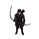 create a image of medieval archer standing in a dark, misty forest, holding a short bow with both hands. front view, inspired by dark souls. detailed armor and worn clothing.