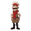 an italian chef, he wears a kitchen apron, a bandana, has a thick mustache and a big nose. he has a red scarf tied around his neck, he wears black pants and black shoes and a short-sleeved t-shirt. 